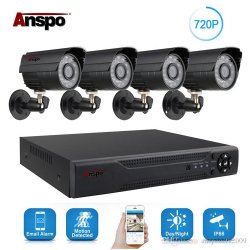 Anspo 4CH AHD Home Security Camera System Kit Waterproof Outdoor Night Vision IR-Cut DVR CCTV Home Surveillance 720P Bla